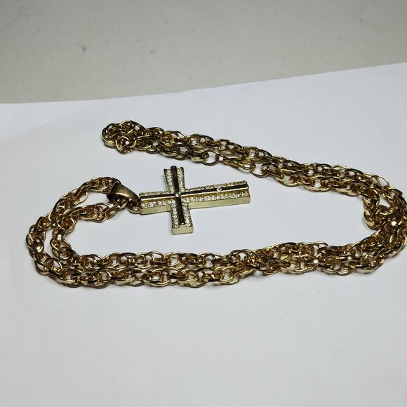 Gold Tone Cross Necklace 24" Chain Clear Crystals Lobster Clasp Faith Jewelry - Picture 8 of 8